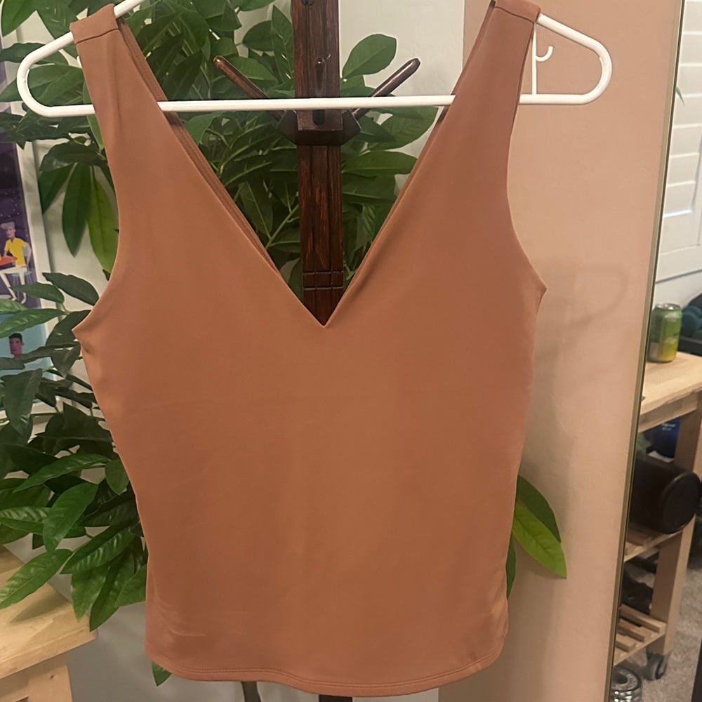 Express Body Contour V-Neck Tank Compression Top in Warm Tan